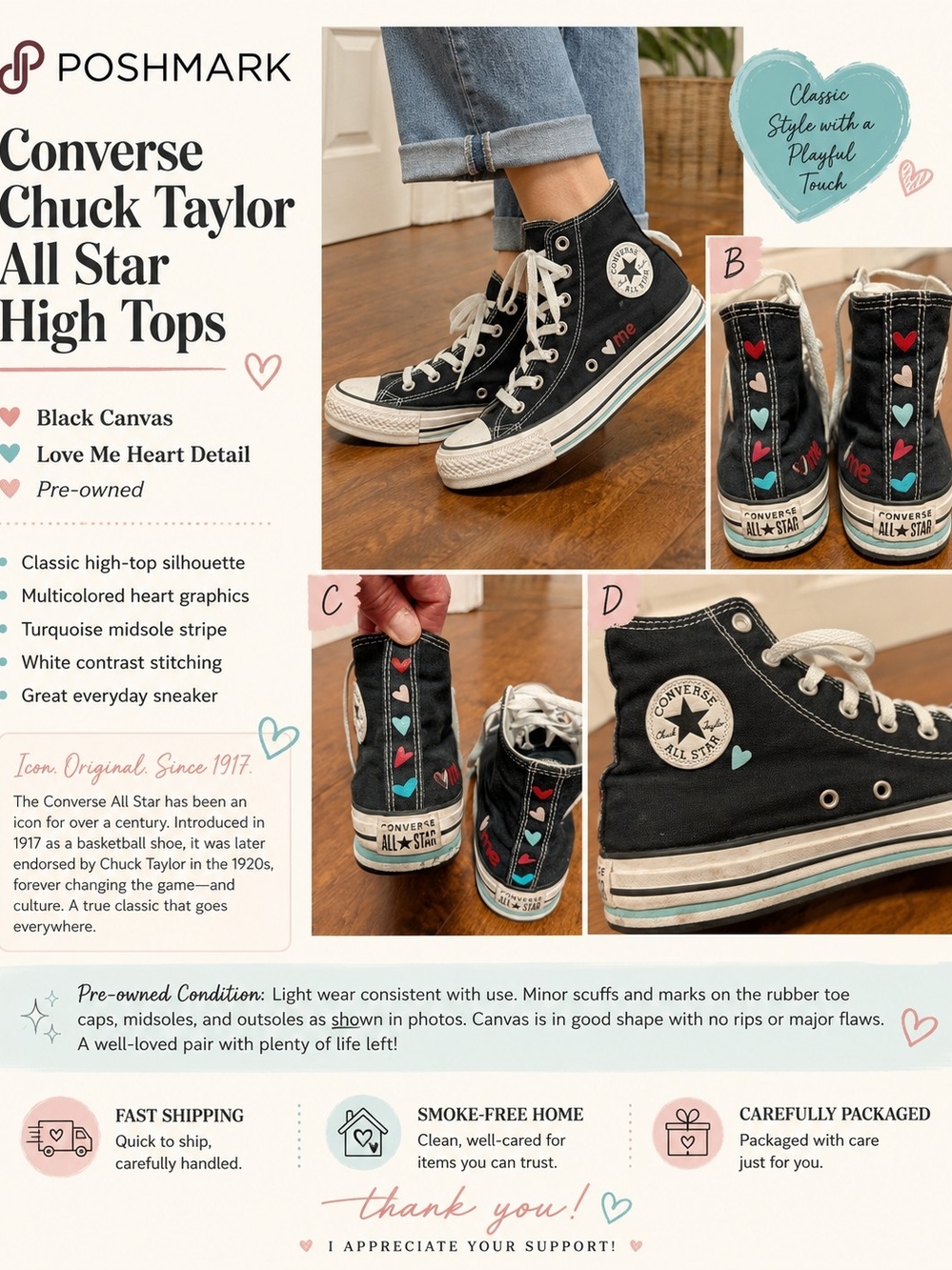 Converse Chuck Taylor All Star High Top Sneakers - Black with Multicolor Hearts